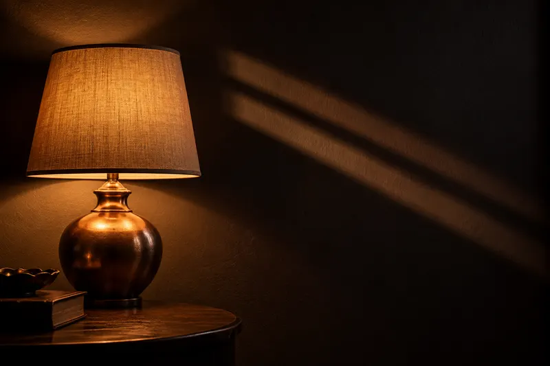 Lampa z kloszem świecąca na pustą ciemną ścianę, dwie równoległe smugi cienia od żaluzji